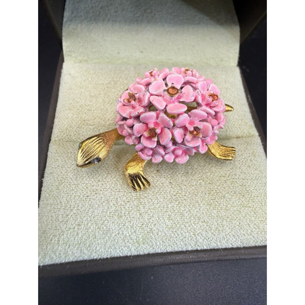 SAO Gold Tone Textured Turtle Pink Enamel Floral Shell Rhinestone Accent Brooch